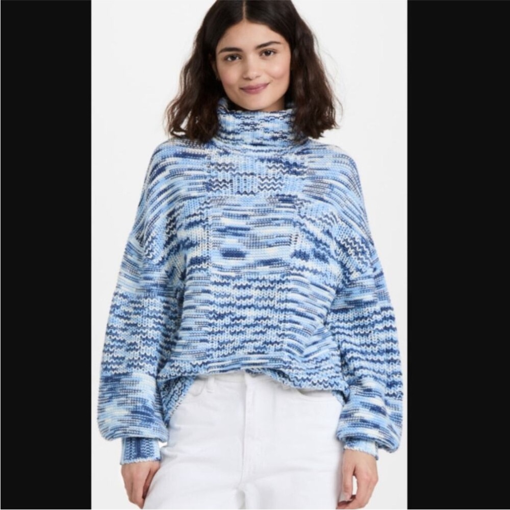 STAUD Blue and White Turtleneck Sweater